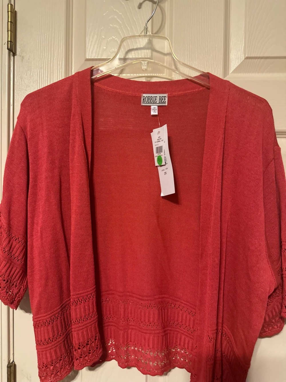 Robbie Bee Open-Front Crochet-Hem Cardigan in Coral Red